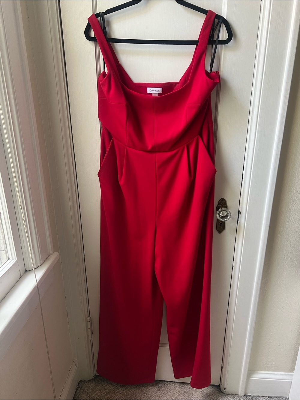 Calvin Klein Red Square-Neck Wide-Leg Jumpsuit